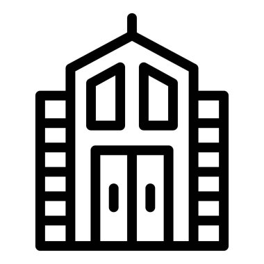 Büyük ahşap kapılar ve pencereleri olan küçük bir kilise binasının minimalist çizimi