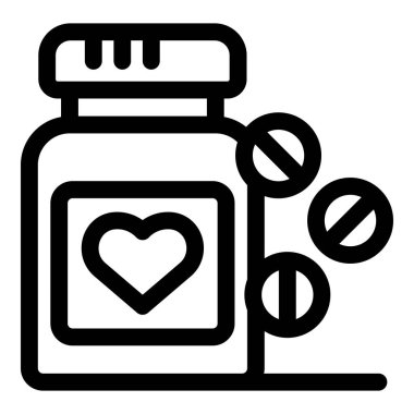 Bir kardiyoloji ilaç şişesinin çizgili sanat simgesi kalp ilaçları düşüyor, aşk haplarını ve kalp sağlığını temsil ediyor