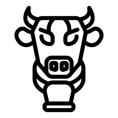 Boynuzlu bir boğanın basit çizgi simgesi, kızgın bir ifade, ve bir burun halkası, çiftlik hayvanlarını ve çiftçiliği temsil ediyor.