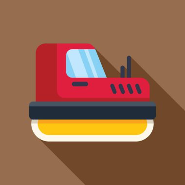 Hava yastığında yüzen kırmızı bir hovercraft 'ın minimalist vektör çizimi, kahverengi arka planda uzun bir gölgeyle izole edilmiş.