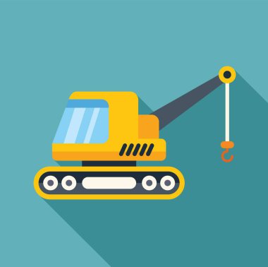 Sarı bir turkuaz vinç, uzun gölgeli bir turkuaz arka planda kancasıyla kaldırılırken minimalist vektör çizimi