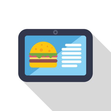 Çevrimiçi gıda siparişi uygulaması dijital tabletin ekranında hamburger gösteriyor, yemek sipariş etmek için uygun bir yol öneriyor.