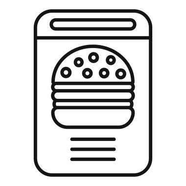 Hamburgerleri çevrimiçi sipariş etmek için mobil uygulamayı temsil eden basit siyah ve beyaz vektör simgesi