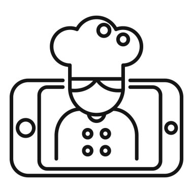 Akıllı telefon ekranı simgesi, çevrimiçi aşçılık sınıfı konsepti, seyyar yiyecek siparişi ince çizgi çizimi