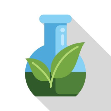 Uzun gölgeli bu düz tasarım ikonu, biyoteknoloji araştırmalarını temsil eden yeşil bir kimyasal madde ve yapraklar içeren bir laboratuvar vitrini tasvir ediyor.