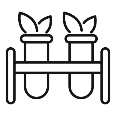 Test tüplerinde büyüyen bitkilerle birlikte botanik araştırma ve genetik mühendisliği temsil eden laboratuvar ekipmanlarının çizgi simgesi.