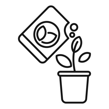 Bitkinin üzerine gübre dökülen basit bahçe çizgisi simgesi, ağ ve mobil uygulamalar için idealdir