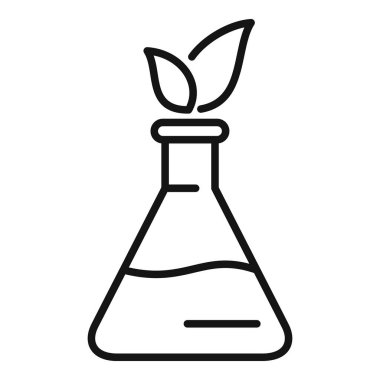 Yeşil yapraklar yetiştiren kimyasal bir konik şişenin çizgi sanat simgesi, organik kimyayı temsil etmek için mükemmel.
