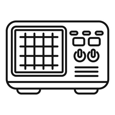 Düğmeleri ve düğmeleri olan klasik bir radyo alıcısının basit çizgi simgesi, ses dalgaları iletiyor