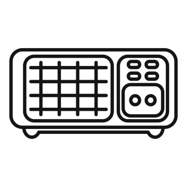 Eski bir radyo alıcısının basit doğrusal simgesi, düğmeleri ve ızgarası var, eski bir ses teknolojisi çağı için nostalji çağrıştırıyor.