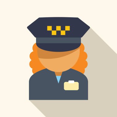 Klasik taksi kontrolörüyle mavi üniformalı ve şapkalı kadın bir taksi şoförünün basit bir simgesi.