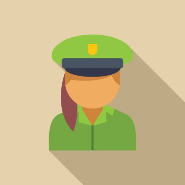 Yeşil üniformalı kadın park korucusu ve uzun gölgeli düz ikon tasarımlı şapka.