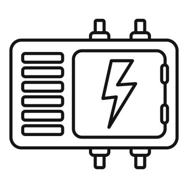 Elektrik trafo kutusunun basit bir simgesi, beyaz arka planda siyah bir ana hat olarak çizilmiş güç kaynağı sağlıyor.