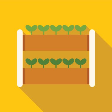 İki katlı dikey çiftlik sistemi sarı arka planda uzun gölgeli genç bitkiler yetiştiriyor.