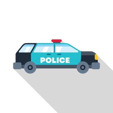 Turkuaz ve siyah polis arabası yan görüntüsünü gösteriyor.