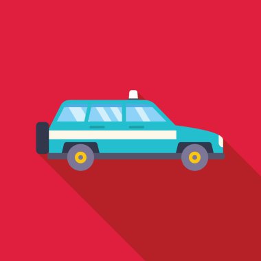 Mavi bir SUV 'un kırmızı arka planda canlı bir taksi olarak kullanıldığını gösteren basit ama göz alıcı bir vektör çizimi.