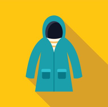 Kapüşonlu mavi yağmurluk yağmurdan korunuyor.