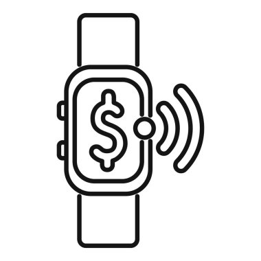 Yakın alan iletişimi ödemesi için dolar işareti gösteren akıllı bir saatin çizgi çizimi simgesi