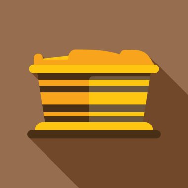 Bal ve balmumu dolu sarı arı kovanı, kahverengi arkaplanda uzun gölgeli düz tasarım simgesi