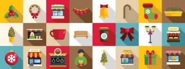 Sokak kafesi Noel ikonları seti. Bu illüstrasyon seti, Noel ruhunun temsili için mükemmel olan çeşitli noel nesneleri ve etkinlikleri içerir.