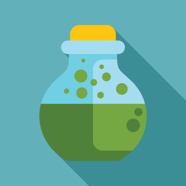 Kabaran yeşil sıvı içeren yuvarlak alttaki matara, düz tasarlanmış, uzun gölgeli.