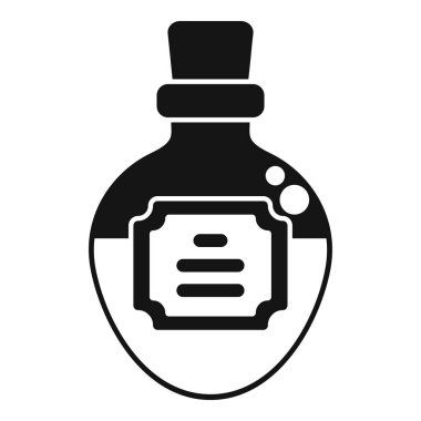 Siyah-beyaz iksir şişesinin mantar tıpası ve içinde fokurdayan bir sıvı bulunan boş etiketi.