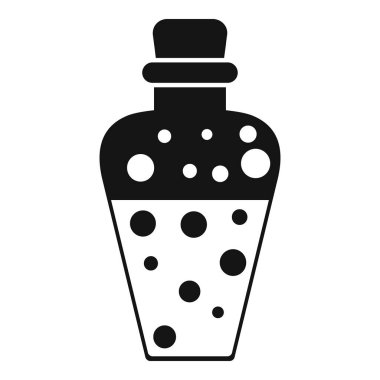 Sihirli iksirin siyah beyaz simgesi cam şişede mantar tıpası ile kaynıyor.