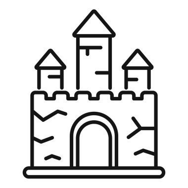 Kuleleri, kapısı ve çatlakları olan bir kumdan kale çizimi sahildeki yaz eğlencesini gösteriyor.