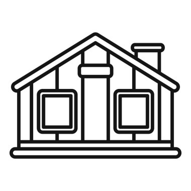 Mimari planlar ya da emlak pazarlaması için uygun bacalı küçük ahşap bir evin basit siyah beyaz çizgisi.