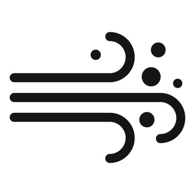 Simple black and white icon of wind blowing from left to right with particles