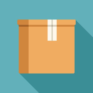 Mühürlü bir karton kutunun basit vektör çizimi mavi arkaplan üzerinde uzun bir gölge oluşturur