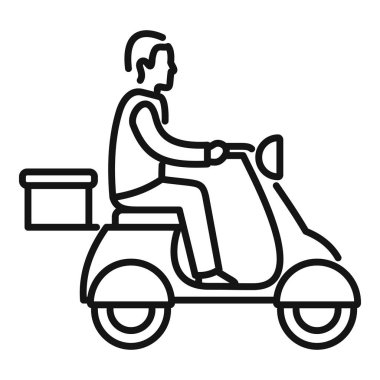 Arkasında paket kutusu olan motosikletli bir teslimatçının çizgi çizimi, teslimat hizmetleri ve şehir lojistiğini temsil ediyor.