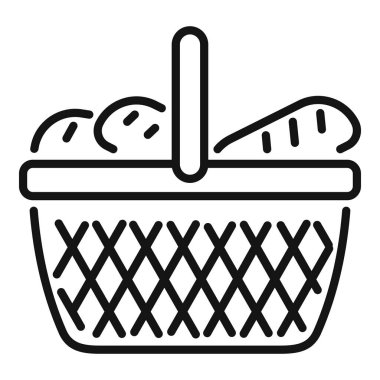 Bu basit siyah beyaz vektör grafiği elma ve ekmek gibi yiyeceklerle dolu bir hasır piknik sepeti tasvir ediyor.