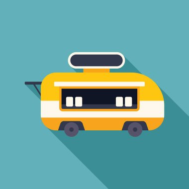 Minimalist vektör çizimi turkuaz arka planda bir yemek kamyonunu temsil ediyor.