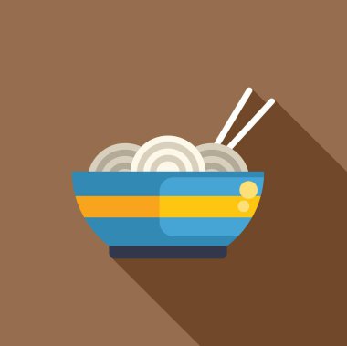 Çubuklu bir kase eriştenin basit ve renkli vektör çizimi uzun bir gölge bırakıyor.