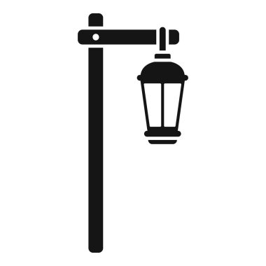Bir sokak lambasının basit vektör simgesi ahşap bir direğe asılıp klasik ve büyüleyici bir ortam yaratıyor.