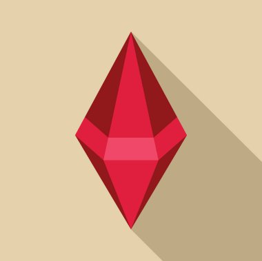 Kırmızı yakut değerli taş, parlak yansımalı, değerli taş, düz bir ikon, uzun gölgesi var.