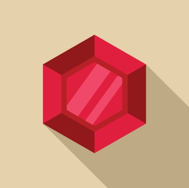 Kırmızı altıgen mücevher, bej arka planda uzun bir gölge bırakıyor.