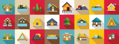 House Mountain gölü ikonları hazır. Bu ahşap ev setinde çeşitli mimari tasarımlar ve konut, seyahat ve doğa projeleri için ideal doğal manzaralar sergilenmektedir.