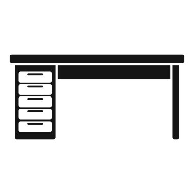 Bu minimalist siyah-beyaz vektör illüstrasyonunda çekmecelerin yer aldığı bir ofis masası tasvir edilir, etkin çalışma alanı organizasyonu vurgulanır