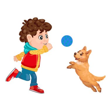 Mutlu çocuk mavi topu dışarı atarak kahverengi köpeğe atıyor.