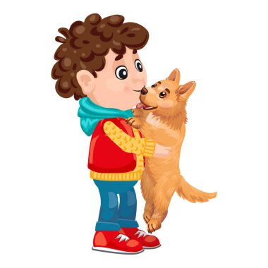 Genç çocuk yavru köpeğini mutluluk ve sevgiyle kucaklıyor.