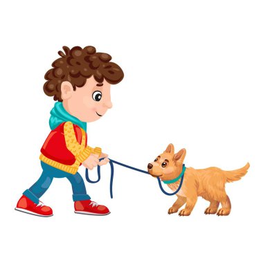 Çizgi filmdeki resimde, köpek tasması takan bir çocuğun, karşı koyan bir köpek yavrusuyla
