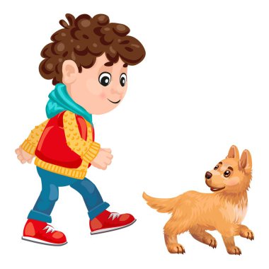 Neşeli genç çocuk, neşeli yavru köpeğiyle geziyor, eğlenceli bir açık hava macerasının tadını çıkarıyor.