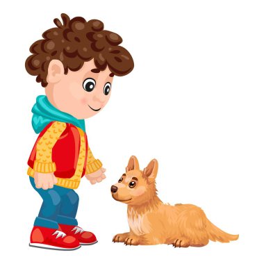 Çizgi filmdeki küçük çocuk kışlık giysiler giyip yavru köpeğine uzanıyor.