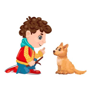Çizgi filmdeki küçük çocuk elinde sopayla diz çöküp tatlı bir köpek yavrusunu eğitiyor. Oturup emir bekliyor.