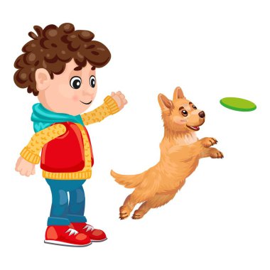 Genç çocuk, onu yakalamak için atlayan mutlu köpeğine yeşil bir disk atıyor.