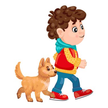 Kışlık giysiler giyen genç bir çocuk yavru köpeğiyle mutlu bir şekilde yürüyor.