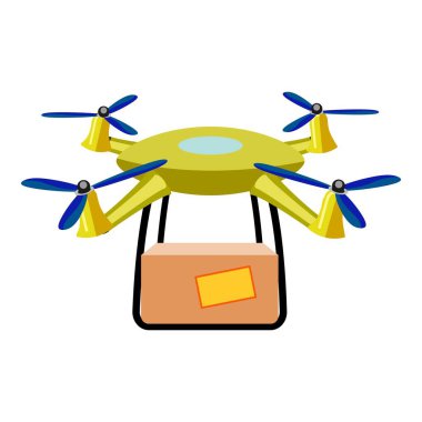 Sarı dağıtım dronu etiketli bir paket taşıyor