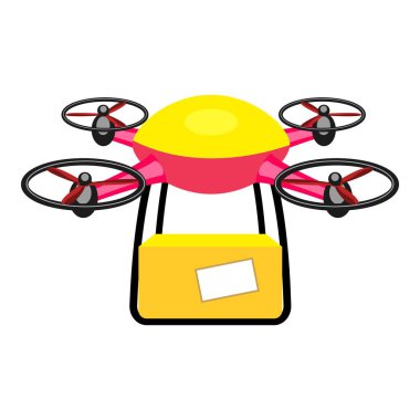 Beyaz arka planda bir paket taşıyan modern kırmızı ve sarı dağıtım aracı.